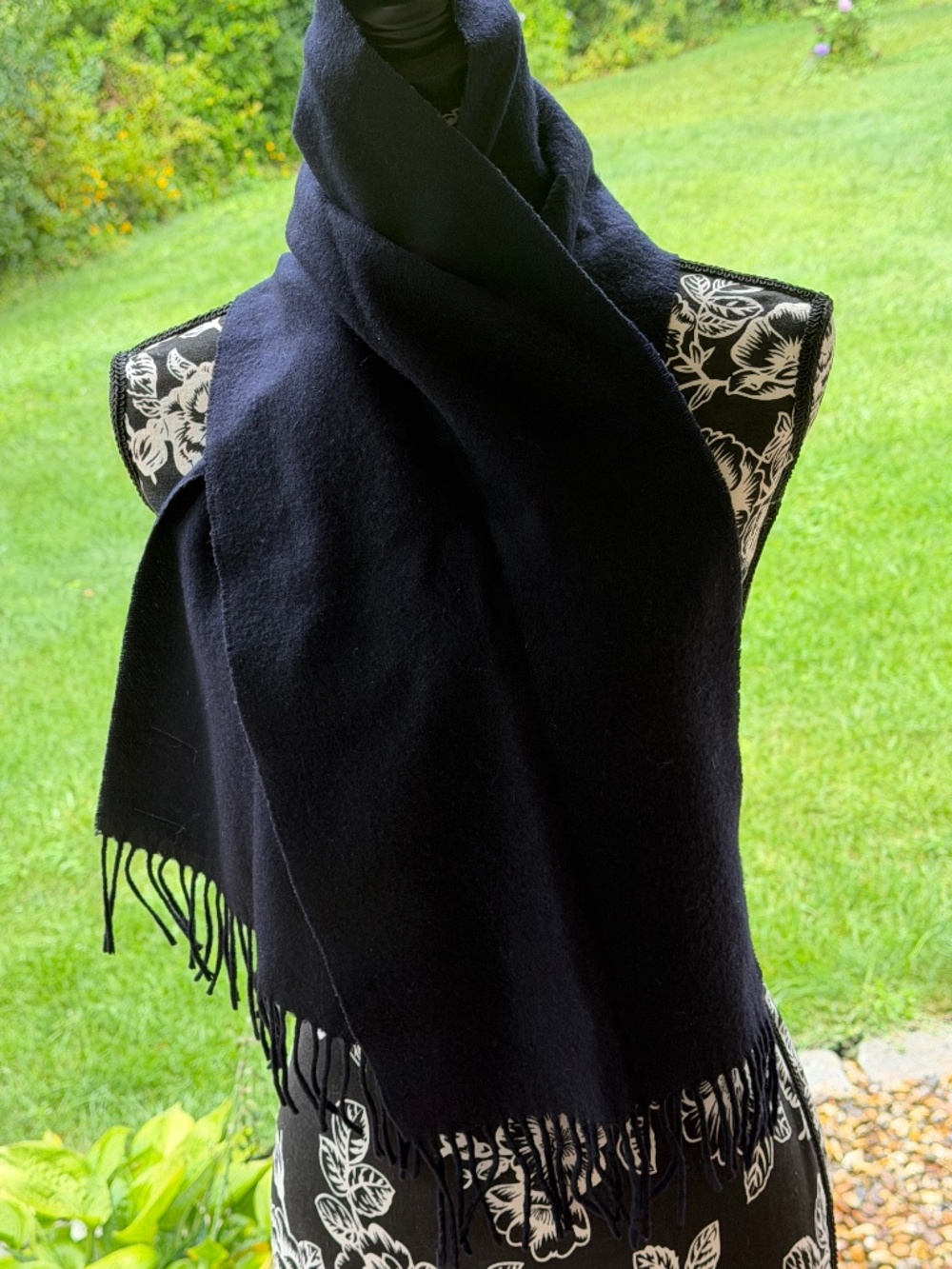 Vintage Pashmina 100% Cashmere Scarf Navy Blue Made in Germany Fringe Unisex